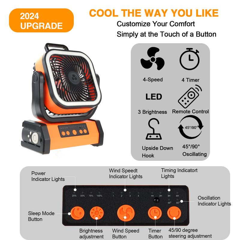 20000Mah Multifunction Portable Camping Fan with LED Light & Remote Control, Usb, Battery Fan, 4 Speeds, 360° Hook and Emergency Light for Rv/Tent