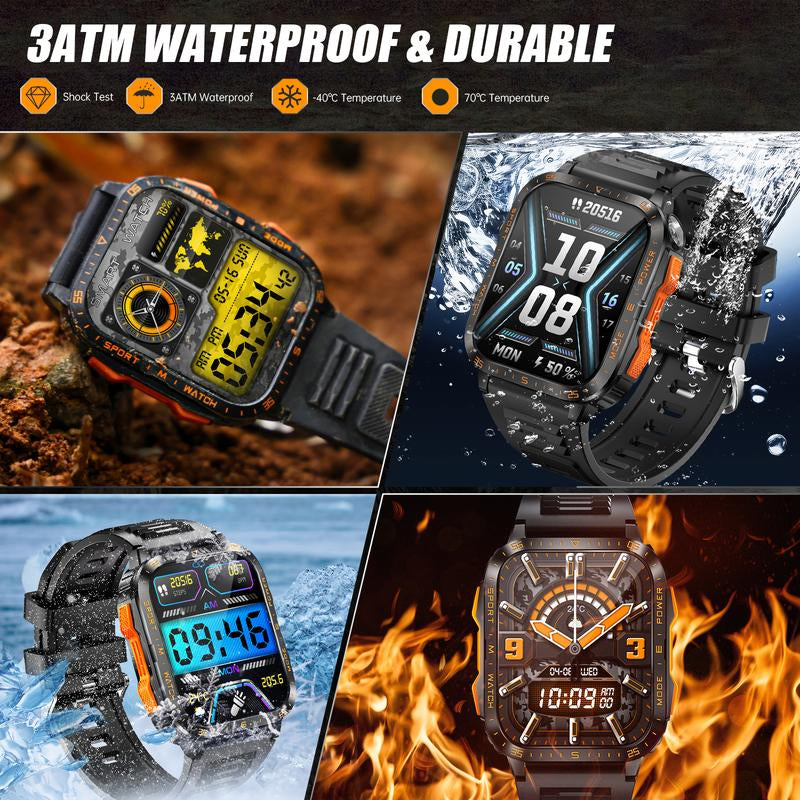 1.96" Big Screen Smart Watch for Men with LED Flashlight/Uv Light 3ATM Waterproof Smartwatch with Wireless Calling 100+ Sports Modes Pedometer Watch for Iphone Android Phones