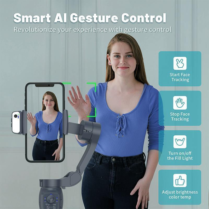 COMITOK Gimbal Stabalizer 3-Axis Handheld Phone Stabilizer for Smartphone with Fill Light, Active Rotating Automatic Face Tracking, Anti-Shake Shooting Desktop Stand for Video Recording, Tripod for Iphone & Android, Selfie Accessories Cellphone