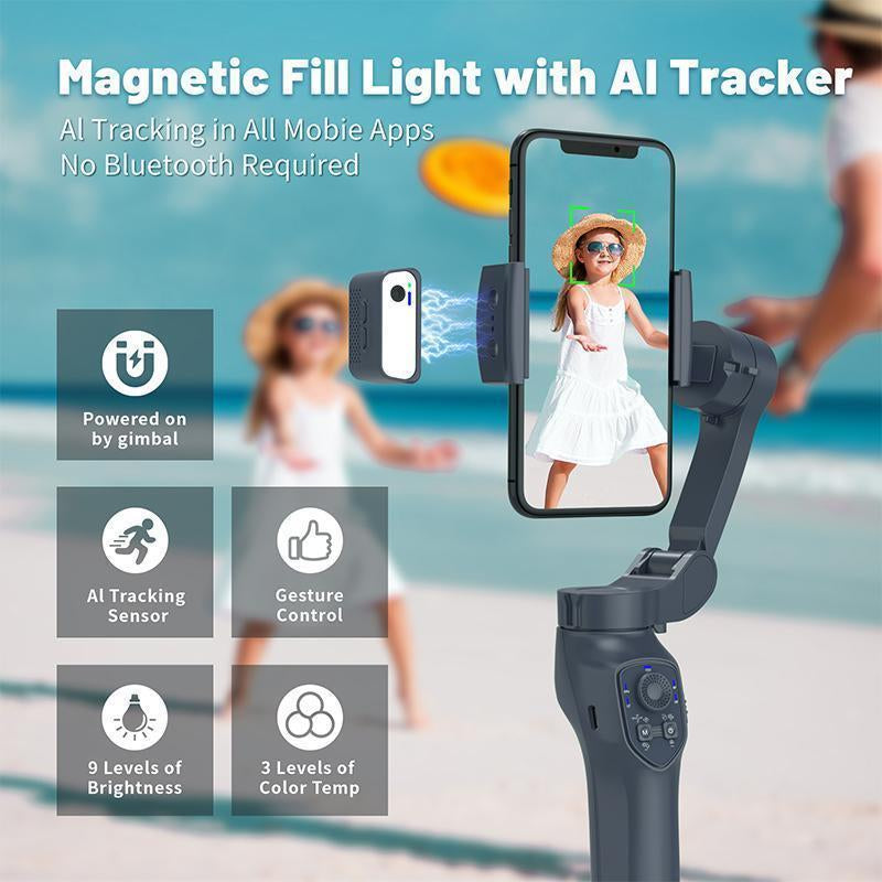 COMITOK Gimbal Stabalizer 3-Axis Handheld Phone Stabilizer for Smartphone with Fill Light, Active Rotating Automatic Face Tracking, Anti-Shake Shooting Desktop Stand for Video Recording, Tripod for Iphone & Android, Selfie Accessories Cellphone