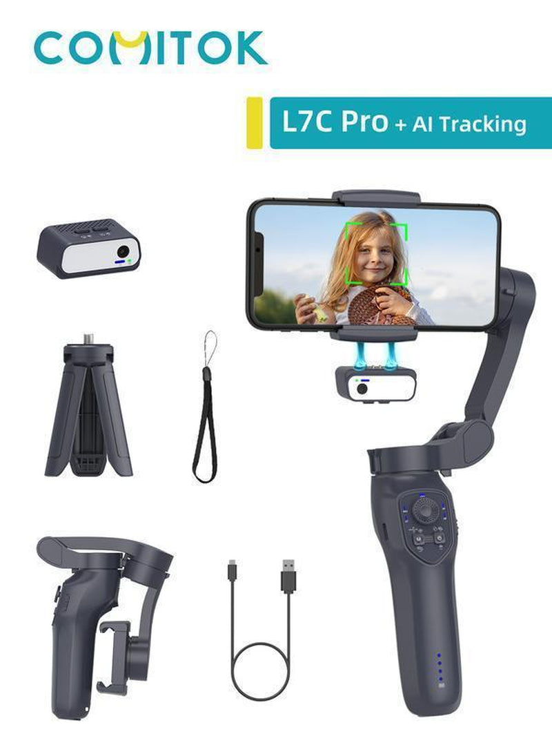 COMITOK Gimbal Stabalizer 3-Axis Handheld Phone Stabilizer for Smartphone with Fill Light, Active Rotating Automatic Face Tracking, Anti-Shake Shooting Desktop Stand for Video Recording, Tripod for Iphone & Android, Selfie Accessories Cellphone