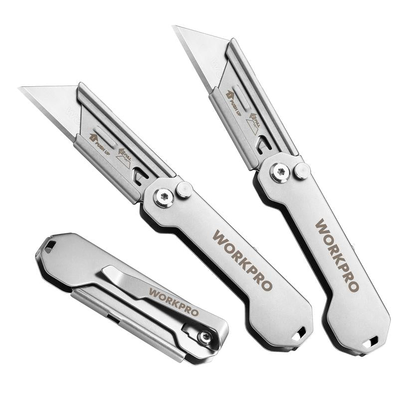 #Springtok WORKPRO 3-Pack Folding Utility Knife, Quick Change Blades Box Cutter, EDC Foldable Pocket Utility Knife Sets with Belt Clip