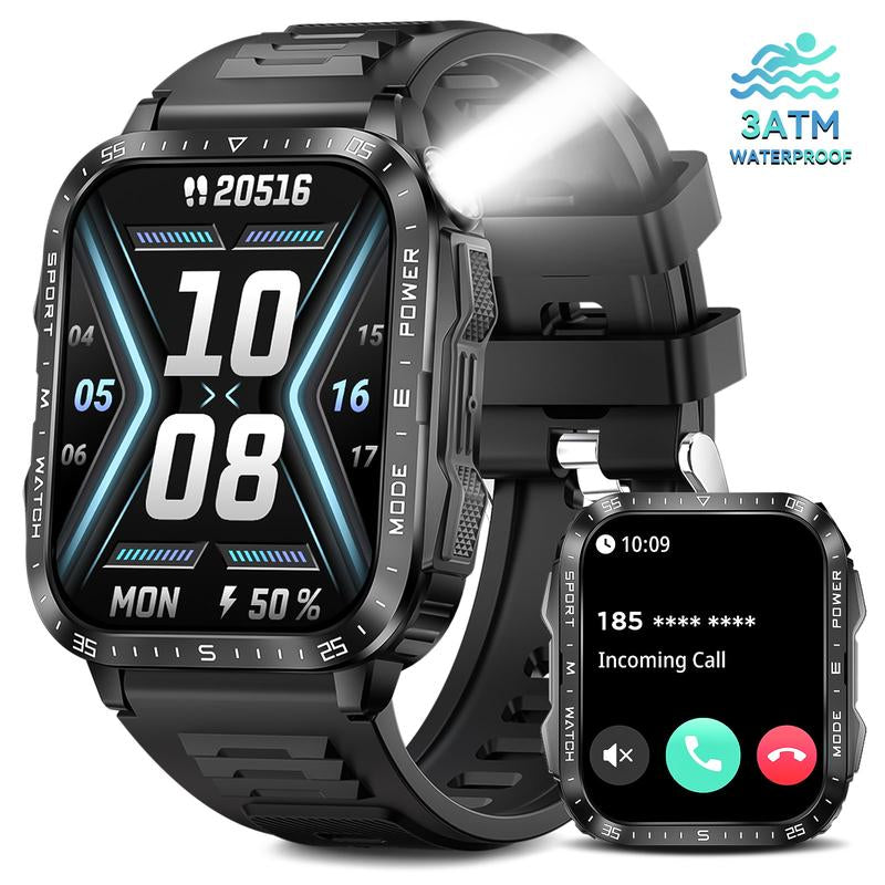 1.96" Big Screen Smart Watch for Men with LED Flashlight/Uv Light 3ATM Waterproof Smartwatch with Wireless Calling 100+ Sports Modes Pedometer Watch for Iphone Android Phones